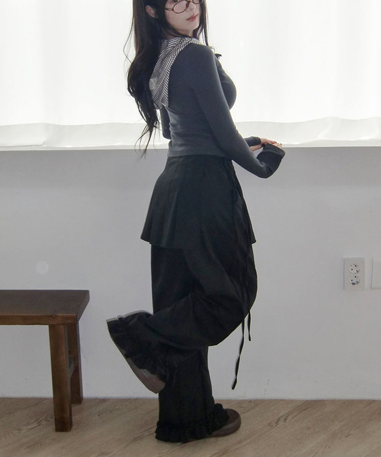 プリーツレイヤードワイドスカートパンツ BLACK