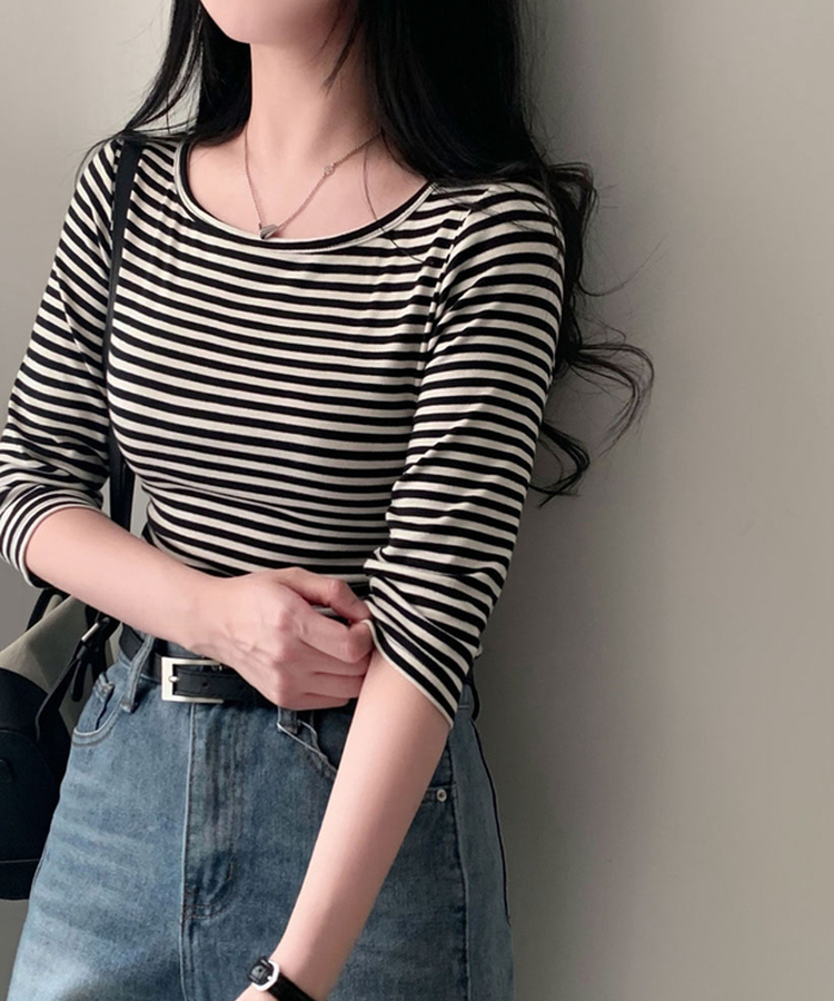 세상 부드러운 촉감말랑 보들 단가라 7부 라운드 굴림 티셔츠 블랙