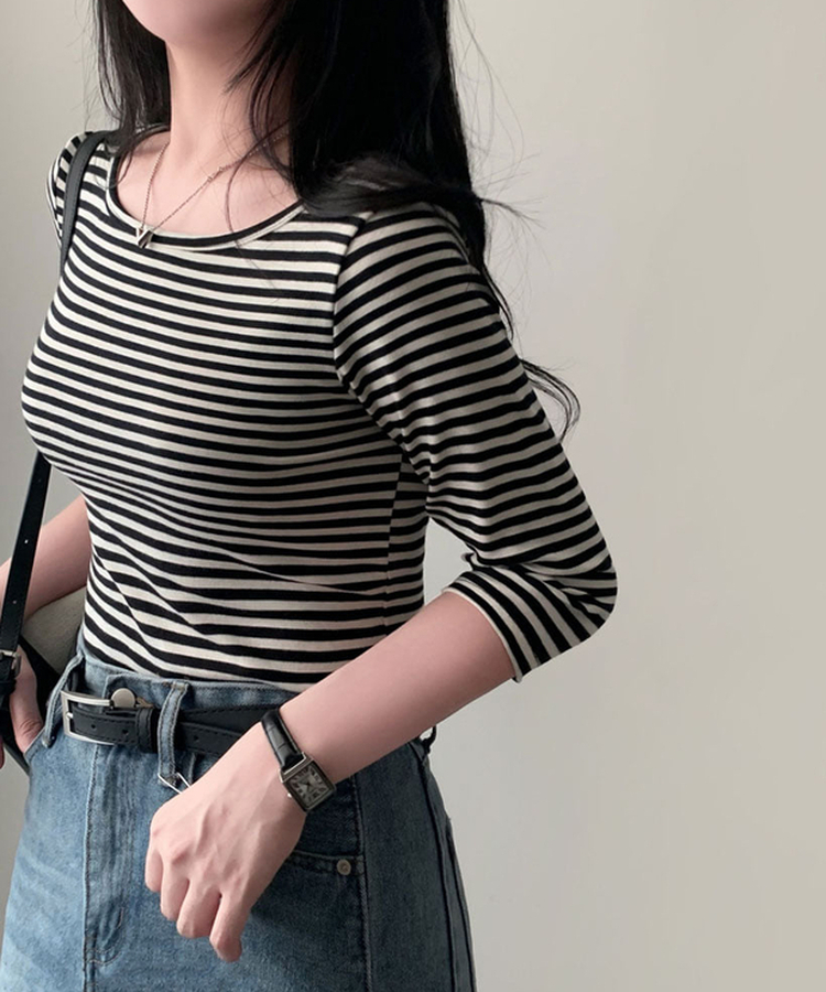 세상 부드러운 촉감말랑 보들 단가라 7부 라운드 굴림 티셔츠 블랙