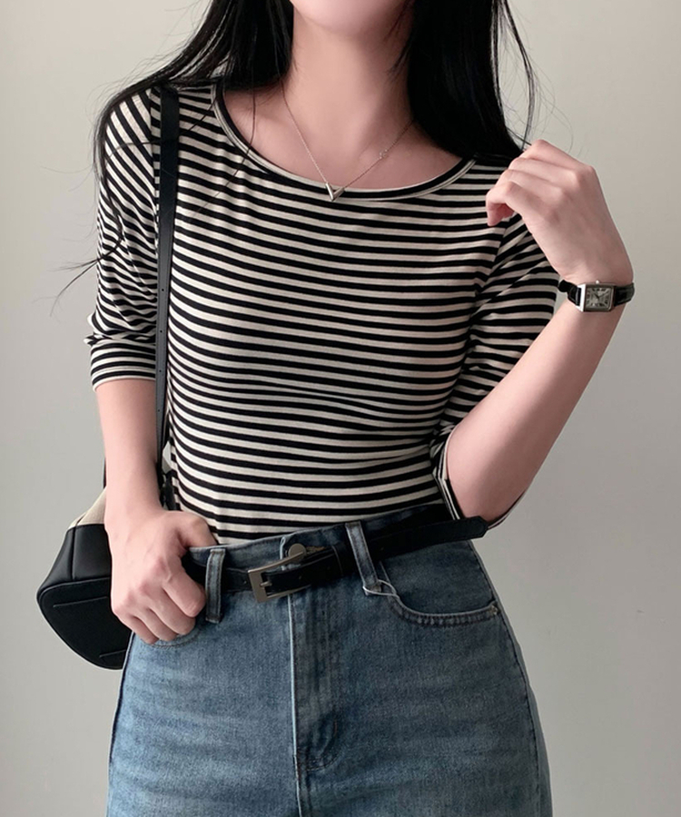 세상 부드러운 촉감말랑 보들 단가라 7부 라운드 굴림 티셔츠 블랙