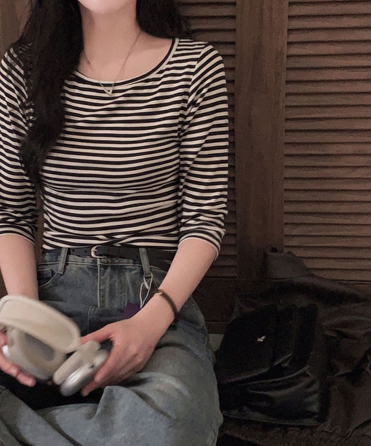 세상 부드러운 촉감말랑 보들 단가라 7부 라운드 굴림 티셔츠 블랙