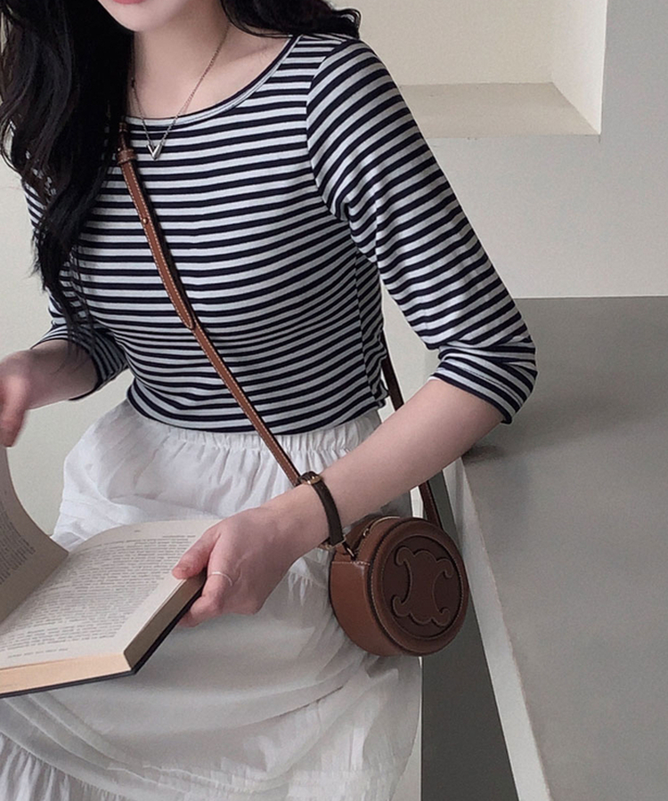 세상 부드러운 촉감말랑 보들 단가라 7부 라운드 굴림 티셔츠 네이비