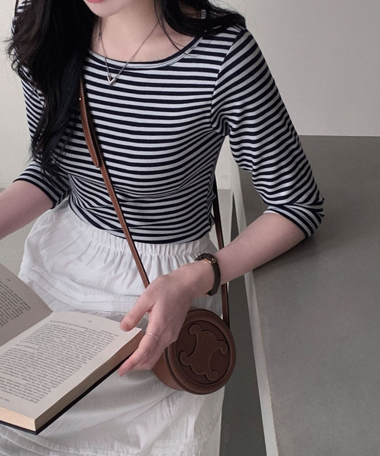 세상 부드러운 촉감말랑 보들 단가라 7부 라운드 굴림 티셔츠 네이비