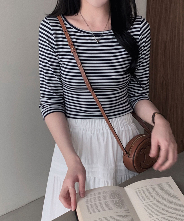 세상 부드러운 촉감말랑 보들 단가라 7부 라운드 굴림 티셔츠 네이비