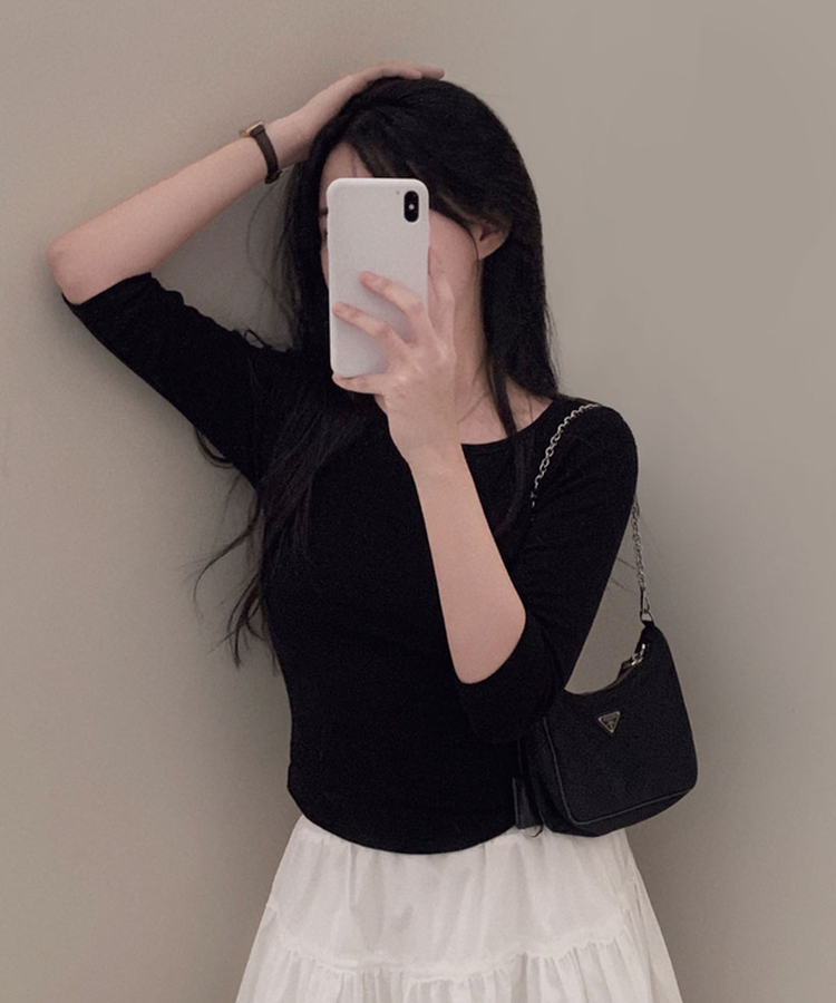 라인정리 베이직 데일리 여리핏 7부 긴팔 라운드 굴림 티셔츠 블랙