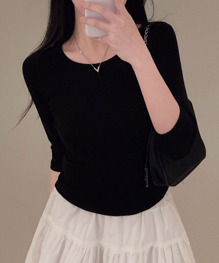 라인정리 베이직 데일리 여리핏 7부 긴팔 라운드 굴림 티셔츠 블랙