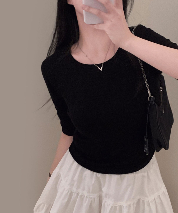 라인정리 베이직 데일리 여리핏 7부 긴팔 라운드 굴림 티셔츠 블랙