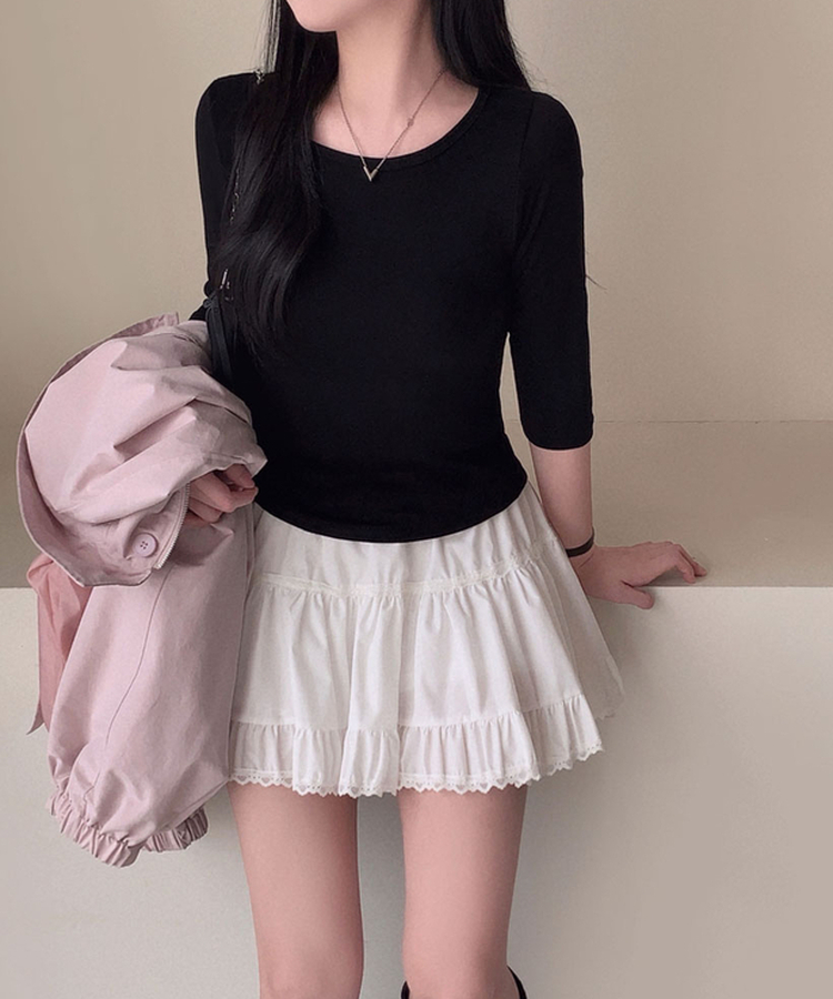 라인정리 베이직 데일리 여리핏 7부 긴팔 라운드 굴림 티셔츠 블랙