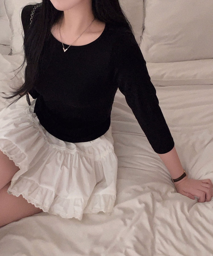 라인정리 베이직 데일리 여리핏 7부 긴팔 라운드 굴림 티셔츠 블랙