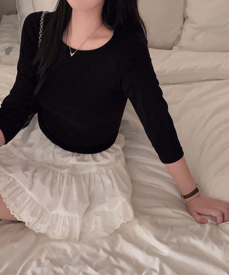 라인정리 베이직 데일리 여리핏 7부 긴팔 라운드 굴림 티셔츠 블랙