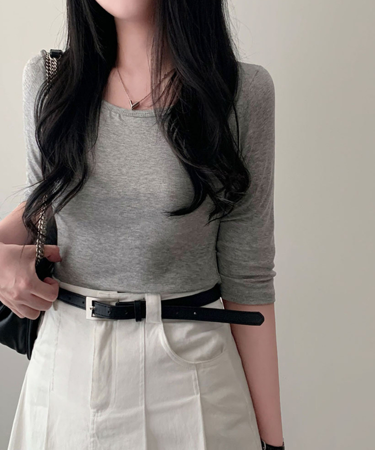 라인정리 베이직 데일리 여리핏 7부 긴팔 라운드 굴림 티셔츠 그레이