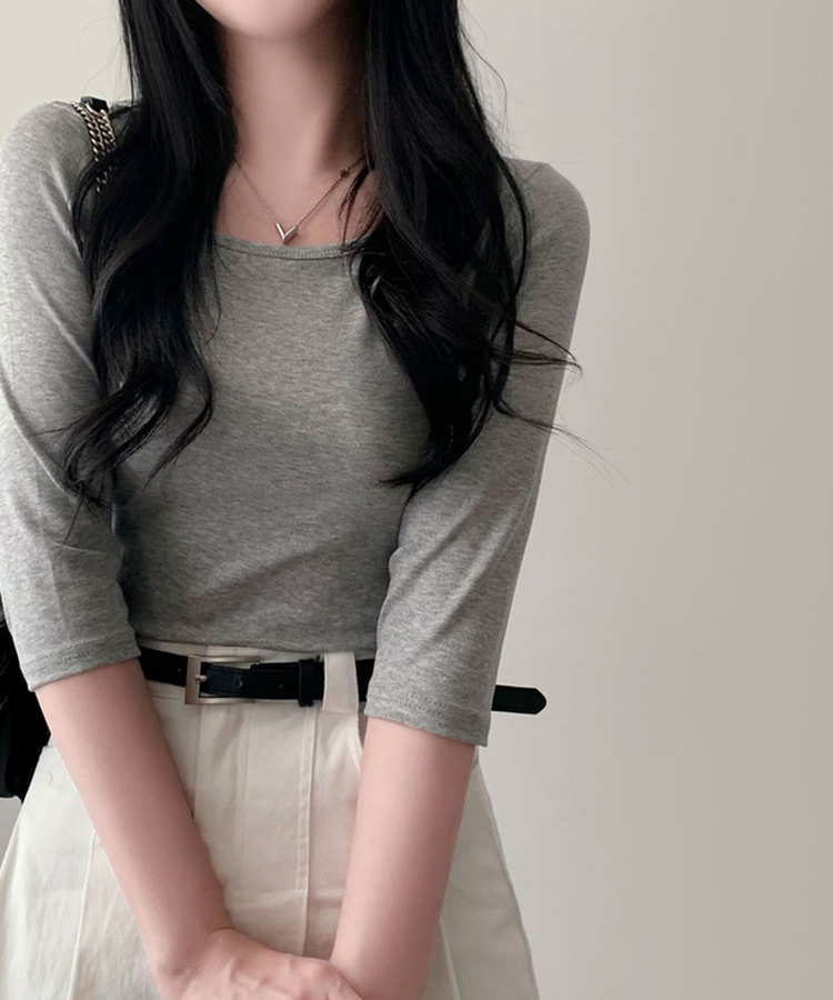 라인정리 베이직 데일리 여리핏 7부 긴팔 라운드 굴림 티셔츠 그레이