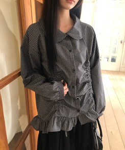 チェックシャーリングラウンドカラーブラウス BLACK