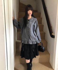 チェックシャーリングラウンドカラーブラウス BLACK