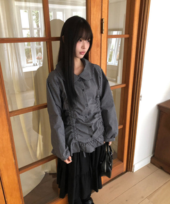 チェックシャーリングラウンドカラーブラウス BLACK