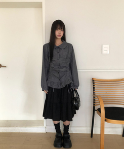 チェックシャーリングラウンドカラーブラウス BLACK