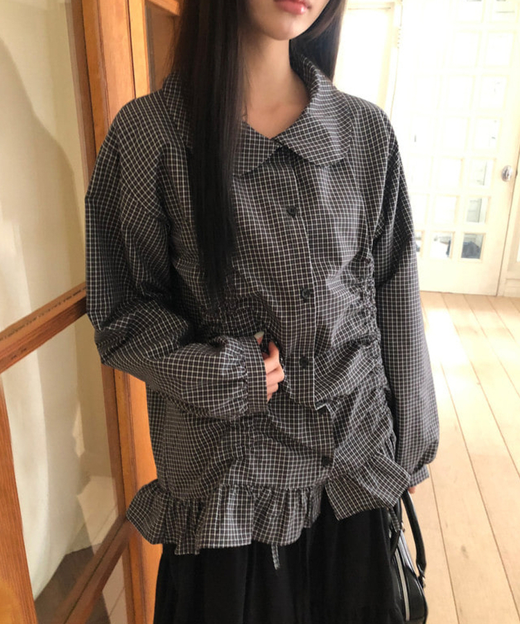 チェックシャーリングラウンドカラーブラウス BLACK