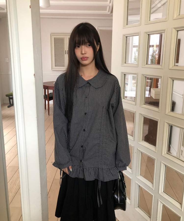 チェックシャーリングラウンドカラーブラウス BLACK