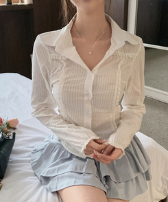 レースフリルストライプスリムブラウス WHITE