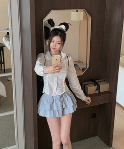 レースフリルストライプスリムブラウス WHITE