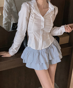 レースフリルストライプスリムブラウス WHITE