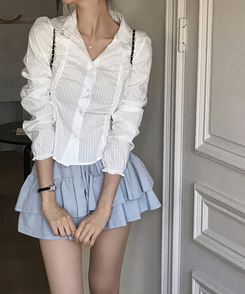 レースフリルストライプスリムブラウス WHITE