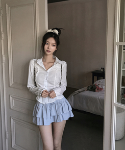 レースフリルストライプスリムブラウス WHITE