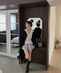 レースフリルストライプスリムブラウス WHITE