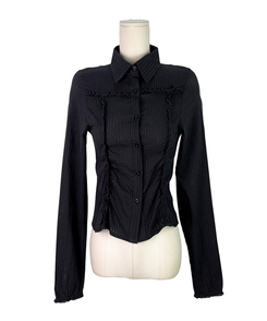 レースフリルストライプスリムブラウス