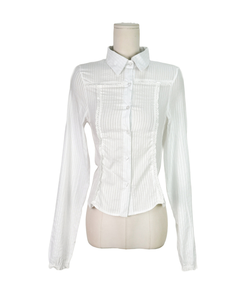 レースフリルストライプスリムブラウス