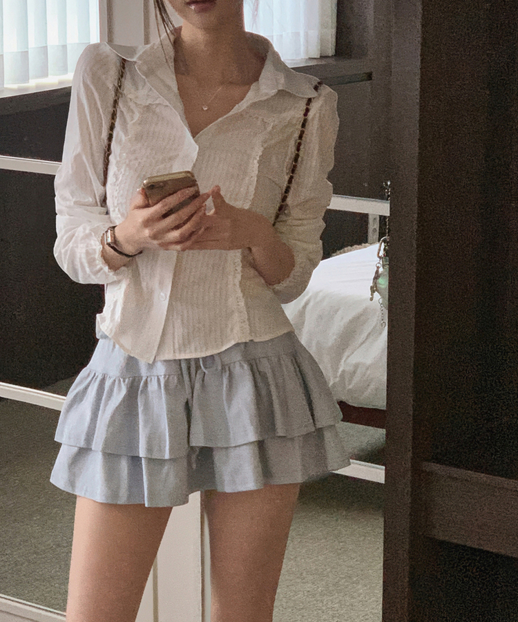 レースフリルストライプスリムブラウス WHITE