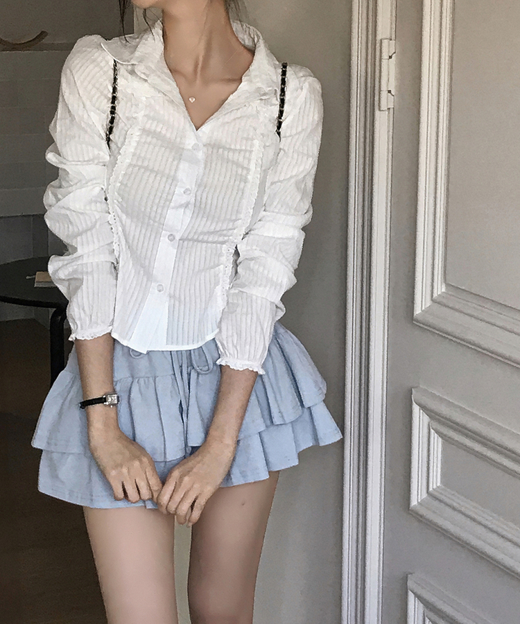 レースフリルストライプスリムブラウス WHITE