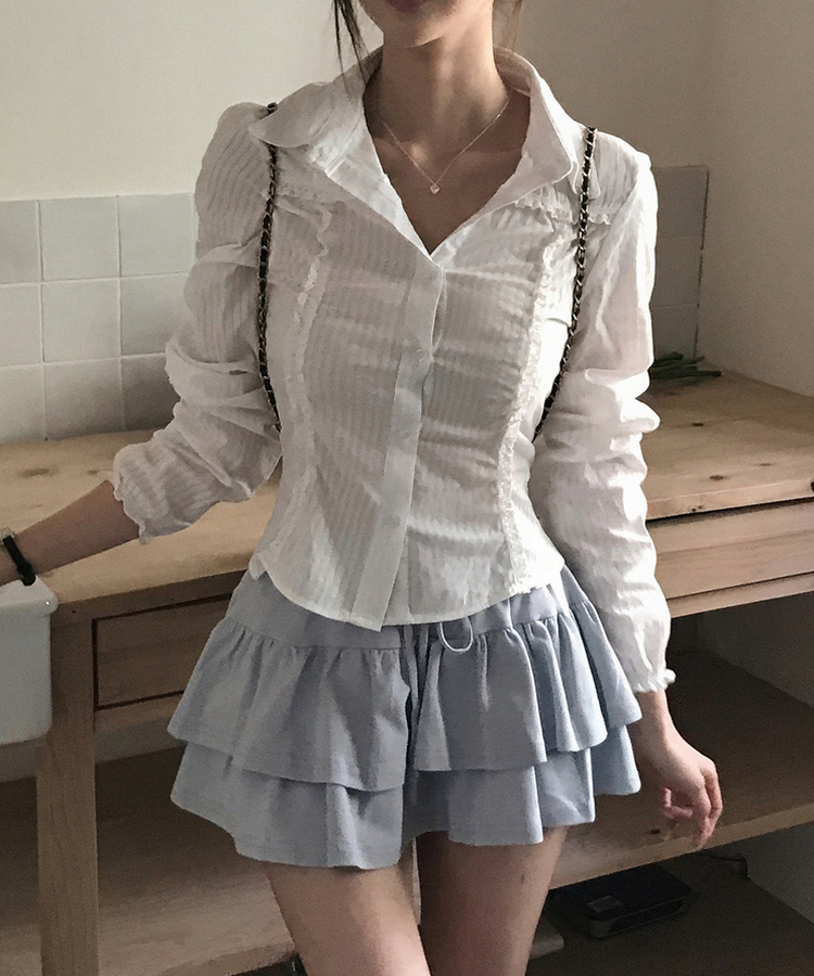 レースフリルストライプスリムブラウス WHITE