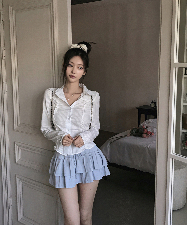 レースフリルストライプスリムブラウス WHITE