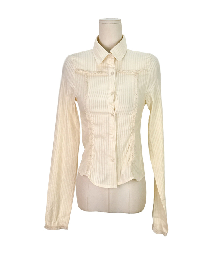 レースフリルストライプスリムブラウス