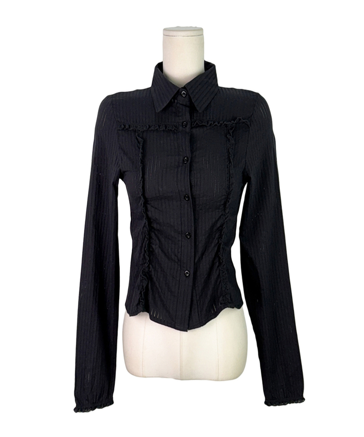 レースフリルストライプスリムブラウス