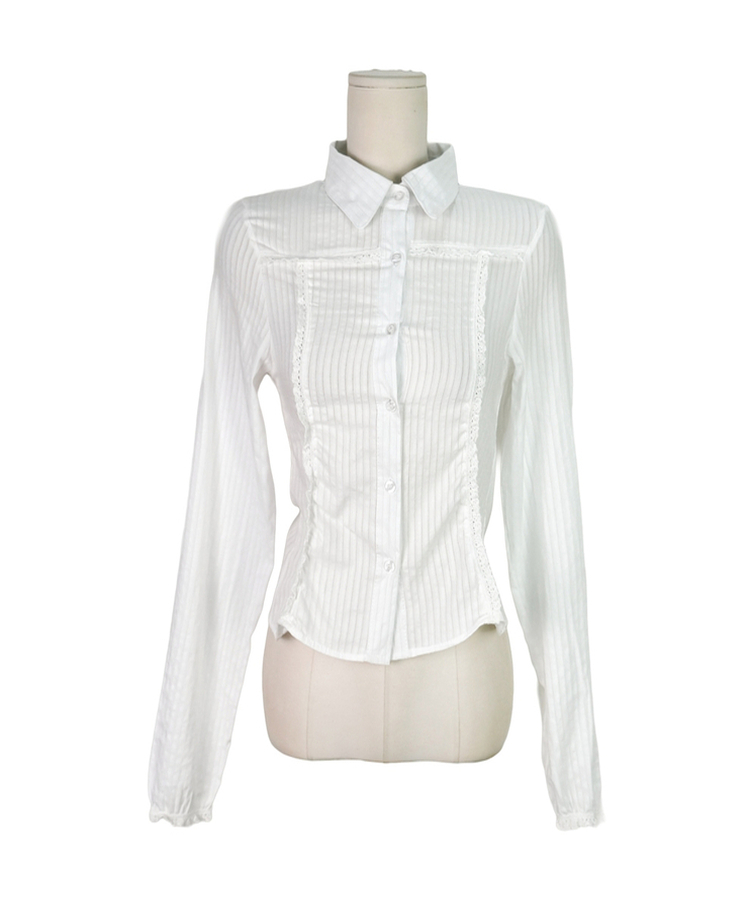 レースフリルストライプスリムブラウス