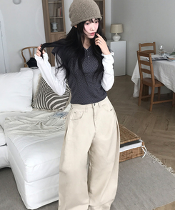 무코 미니 스타 헨리넥 반팔 퍼프소매 후드 레이어드 티셔츠 먹색