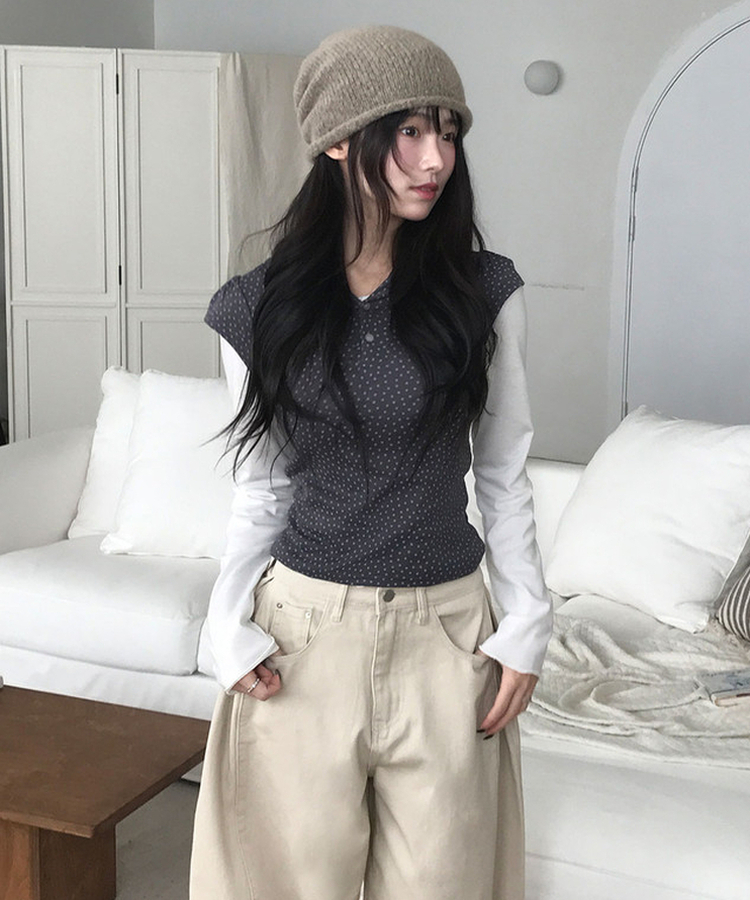 무코 미니 스타 헨리넥 반팔 퍼프소매 후드 레이어드 티셔츠 먹색