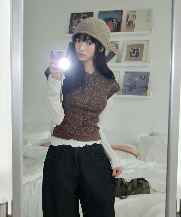 무코 미니 스타 헨리넥 반팔 퍼프소매 후드 레이어드 티셔츠 브라운