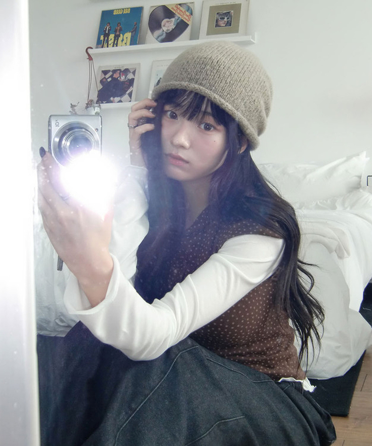 무코 미니 스타 헨리넥 반팔 퍼프소매 후드 레이어드 티셔츠 브라운