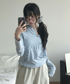 포에 배색 스트라이프 여리핏 후드 버튼 니트 티셔츠 봄신상 봄후드티 소라