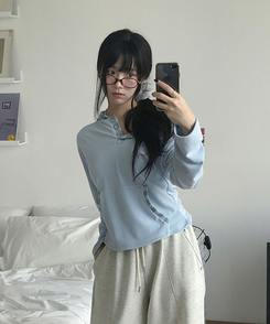 포에 배색 스트라이프 여리핏 후드 버튼 니트 티셔츠 봄신상 봄후드티 소라