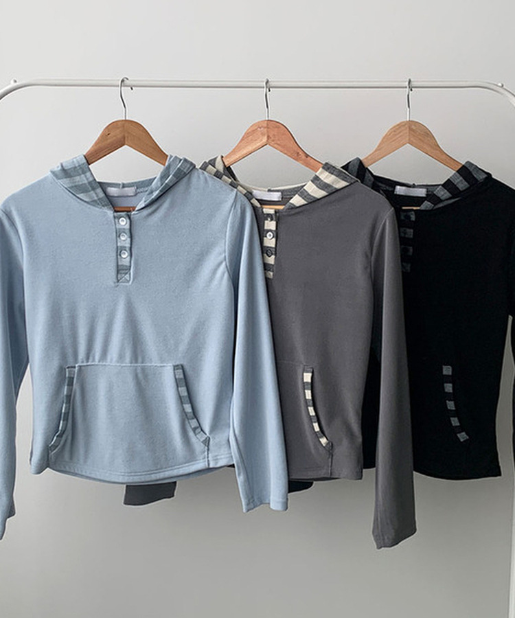 포에 배색 스트라이프 여리핏 후드 버튼 니트 티셔츠 봄신상 봄후드티