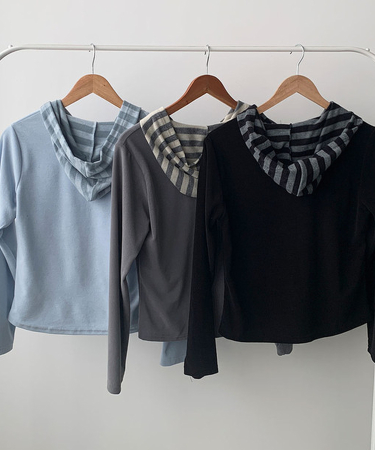 포에 배색 스트라이프 여리핏 후드 버튼 니트 티셔츠 봄신상 봄후드티