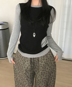 고트 레이어드 일체형 펀칭 골지 긴팔 티셔츠 블랙