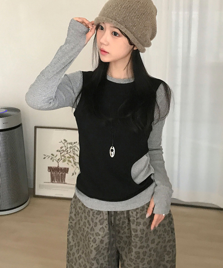 고트 레이어드 일체형 펀칭 골지 긴팔 티셔츠 블랙