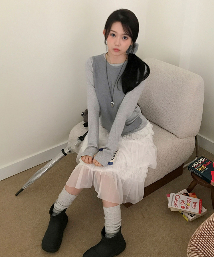 고트 레이어드 일체형 펀칭 골지 긴팔 티셔츠 그레이