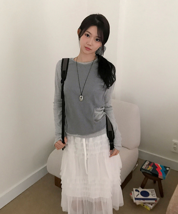 고트 레이어드 일체형 펀칭 골지 긴팔 티셔츠 그레이