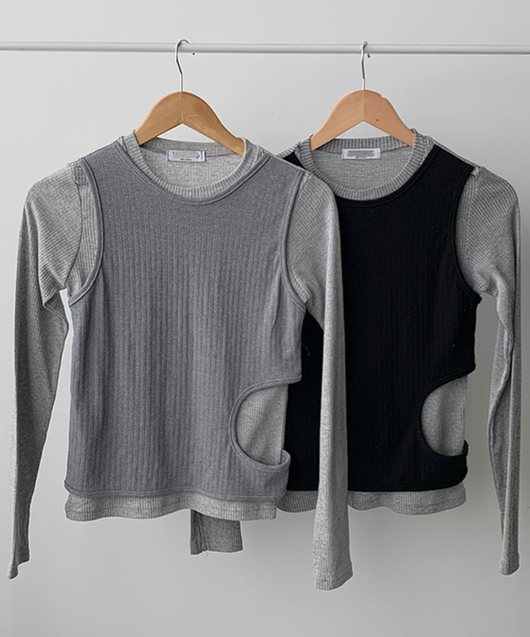 고트 레이어드 일체형 펀칭 골지 긴팔 티셔츠